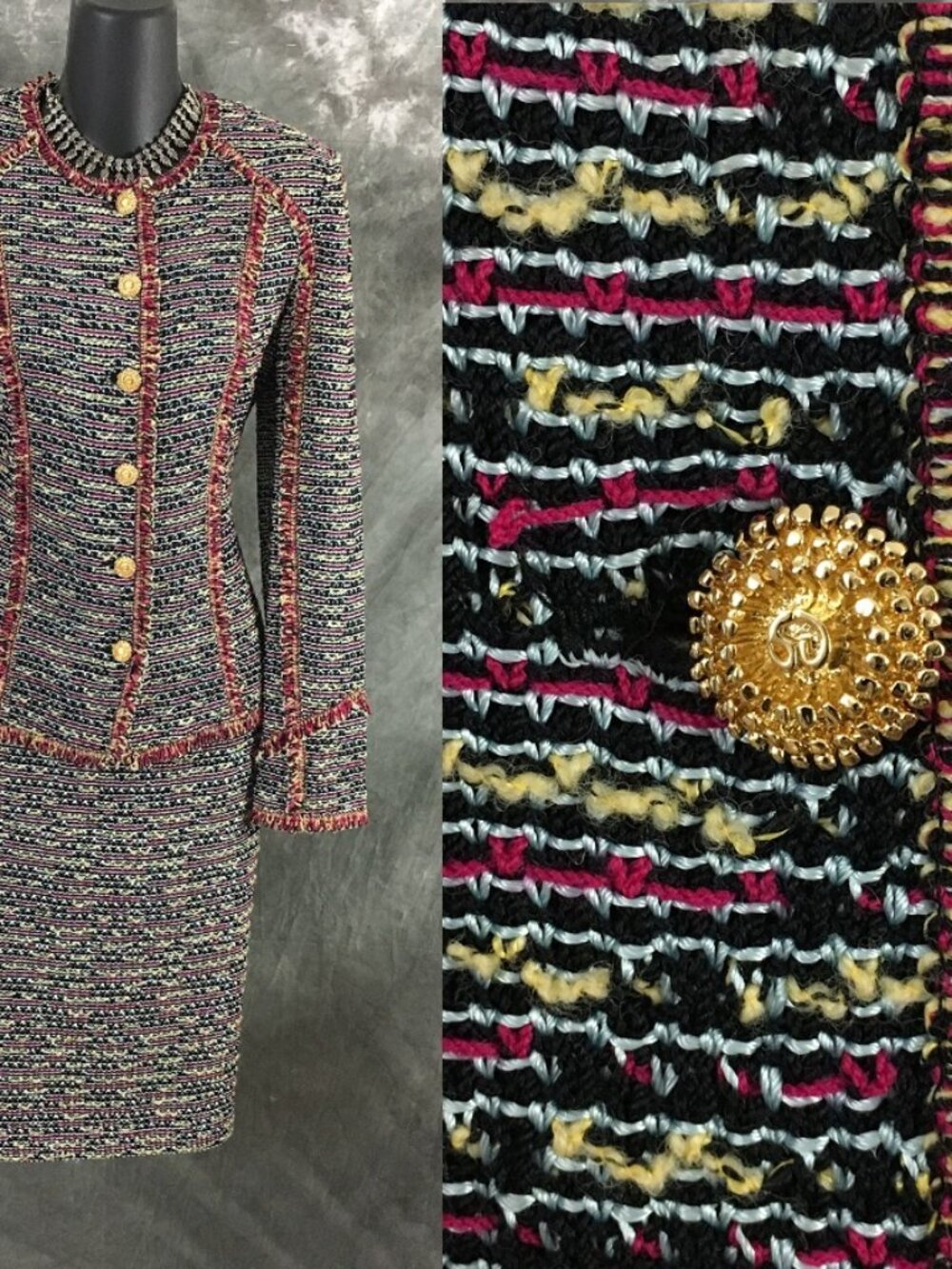 BEAUTIFUL St John collection knit pink black multi jacket skirt suit size 6 8